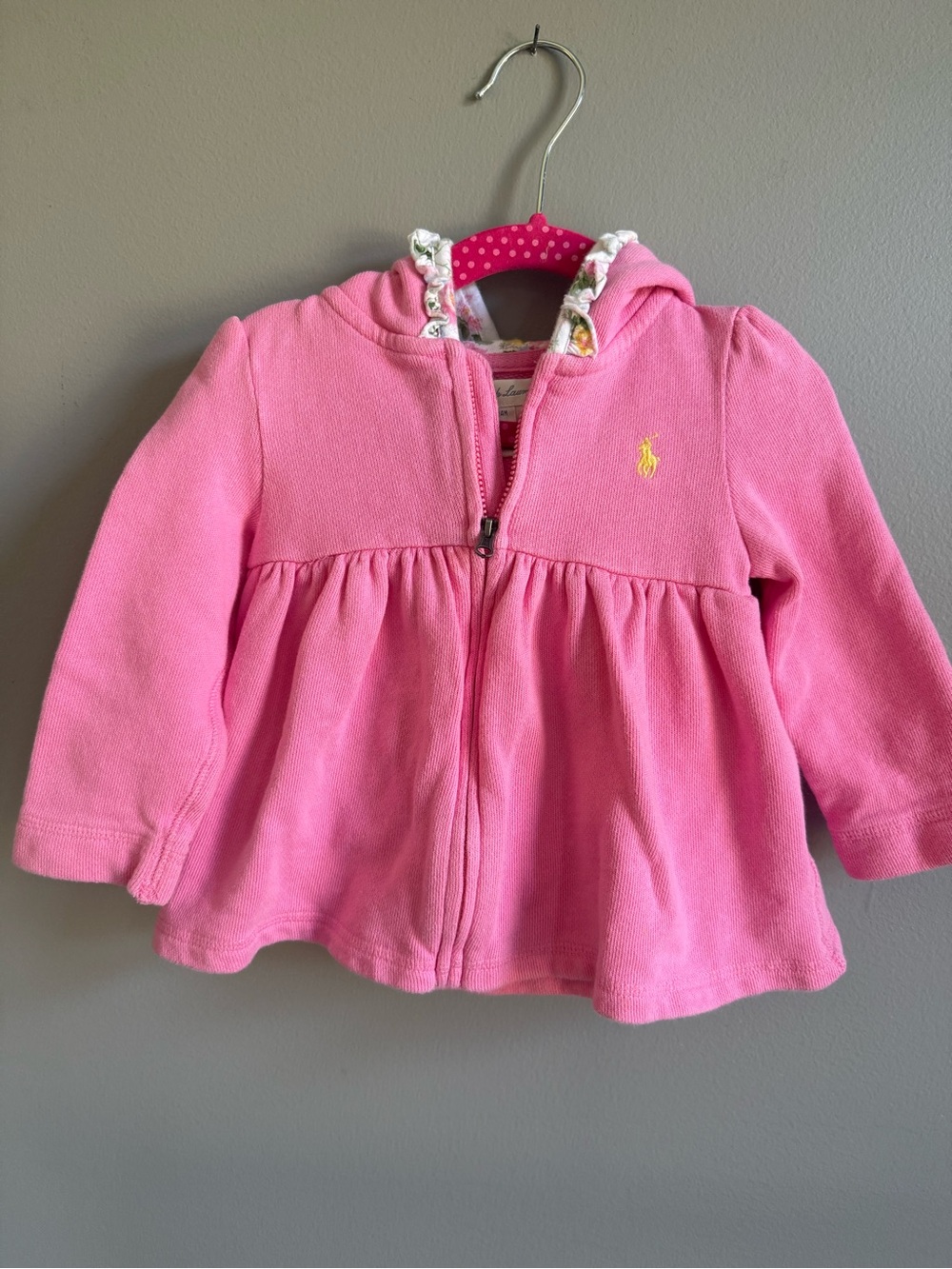 Ralph Lauren Pink Hooded Zip-Up Peplum Sweatshirt with Yellow Pony
